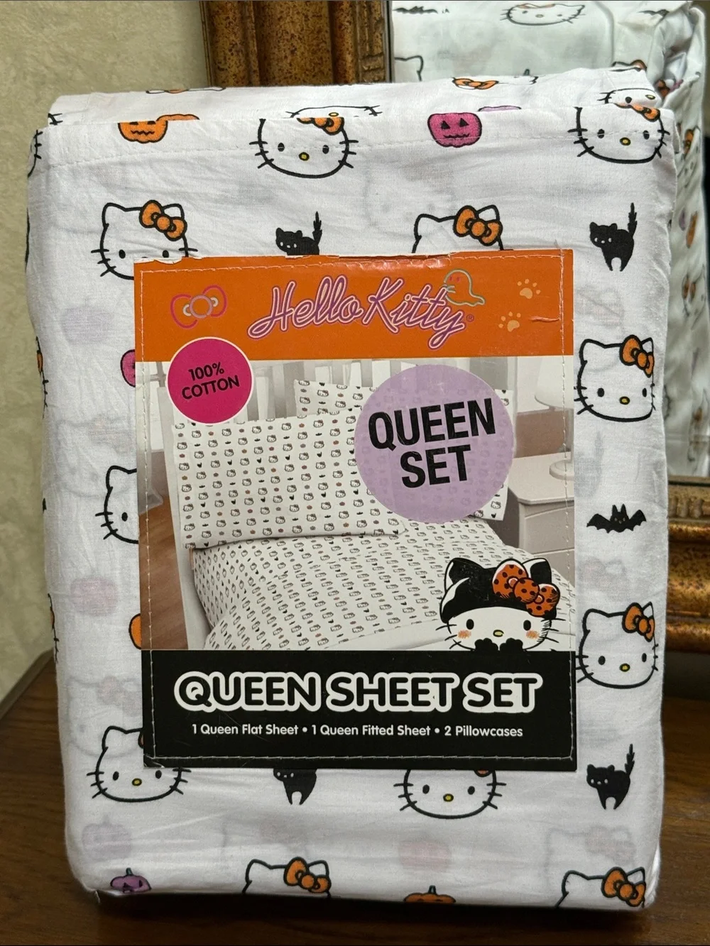 Hello Kitty Halloween Queen Sheet Set – White with Orange & Pink/purple Accents.